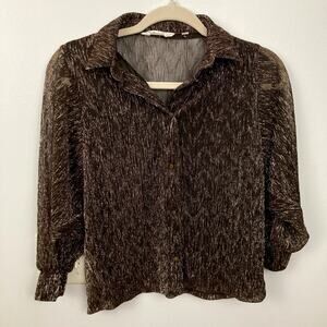 Y2K Sheer Brown & Gold Metallic Crinkle Crop Top Womens XS Glam Whimsigoth